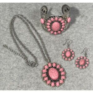 Howlite Jewelry Set Flower Earrings Cuff Bracelet Pendant Necklace Western Boho